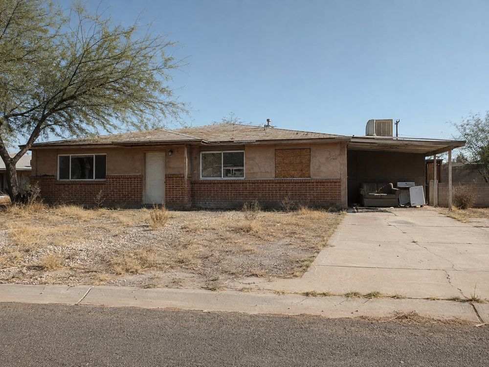 A Sun Belt ranch house needing major repairs, of the kind Honeybird buys for cash as-is